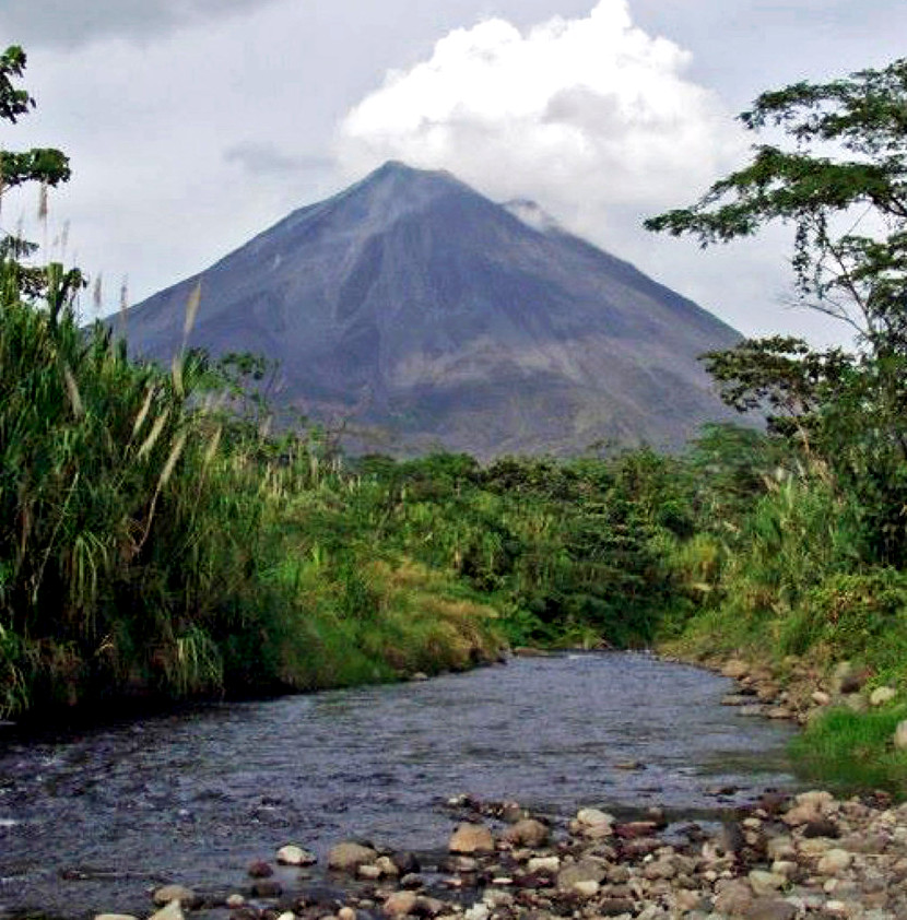 arenal volcano before stream in costa rica